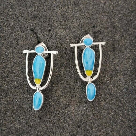Boho Blue and Yellow Silver Stud Earrings Teardrop Shape New - Picture 1 of 2